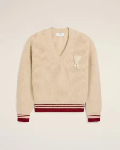 Ami Paris Beige Wool Ribbed V Neck Sweater WHITE CREAM Hot