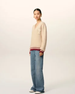 Ami Paris Beige Wool Ribbed V Neck Sweater WHITE CREAM Hot