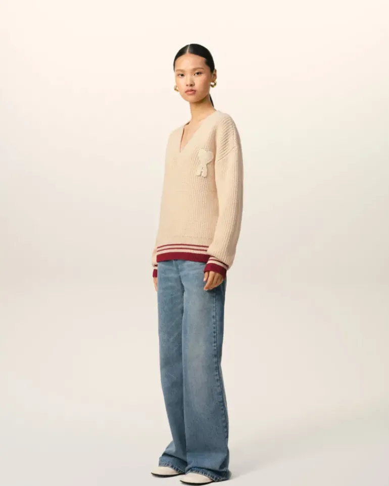 Ami Paris Beige Wool Ribbed V Neck Sweater WHITE CREAM Hot
