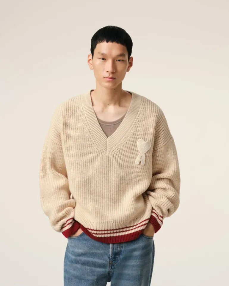 Ami Paris Beige Wool Ribbed V Neck Sweater WHITE CREAM Hot