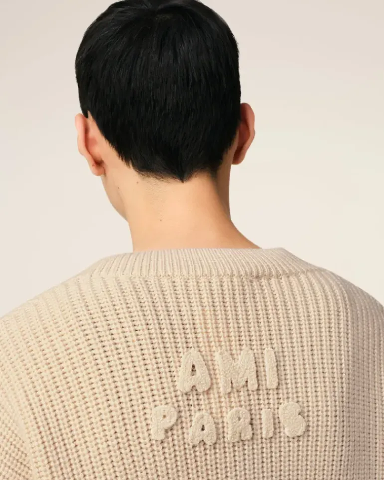 Ami Paris Beige Wool Ribbed V Neck Sweater WHITE CREAM Hot