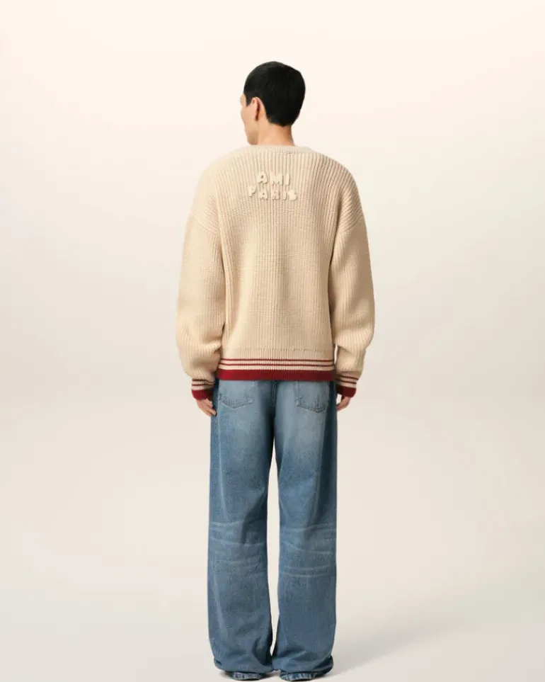 Ami Paris Beige Wool Ribbed V Neck Sweater WHITE CREAM Hot