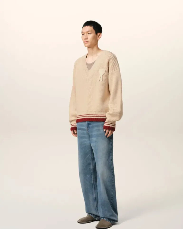 Ami Paris Beige Wool Ribbed V Neck Sweater WHITE CREAM Hot
