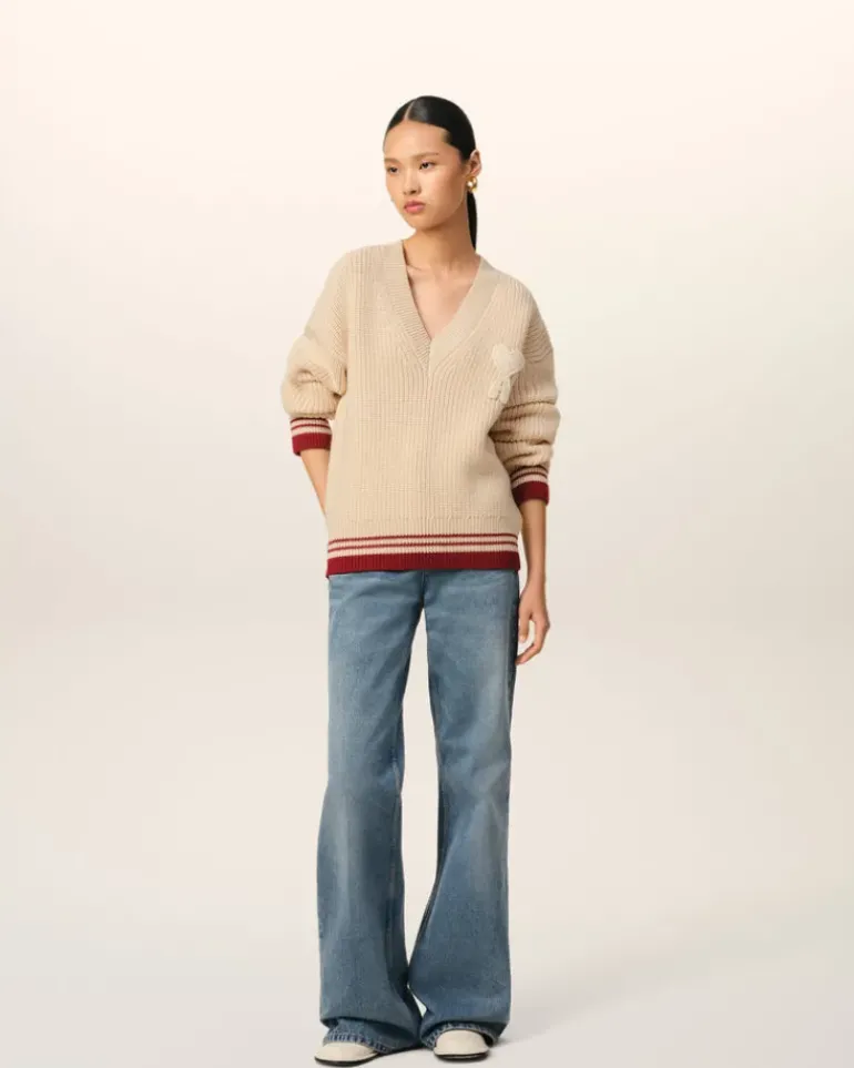 Ami Paris Beige Wool Ribbed V Neck Sweater WHITE CREAM Hot