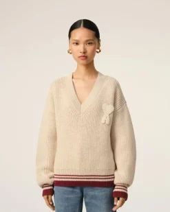 Ami Paris Beige Wool Ribbed V Neck Sweater WHITE CREAM Hot