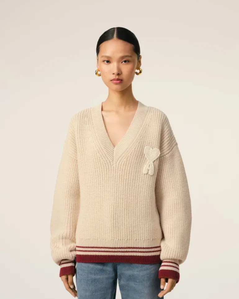 Ami Paris Beige Wool Ribbed V Neck Sweater WHITE CREAM Hot