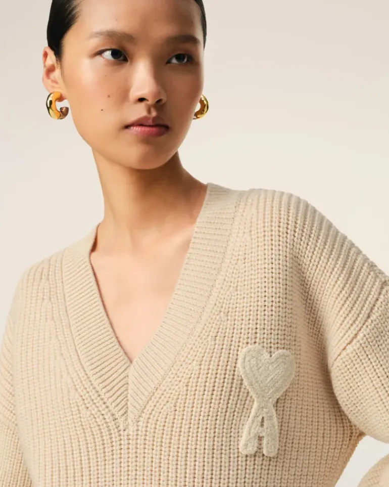 Ami Paris Beige Wool Ribbed V Neck Sweater WHITE CREAM Hot