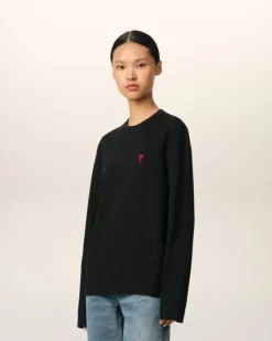 Ami Paris Cotton Ami de Coeur Long Sleeves T-Shirt BLACK Sale