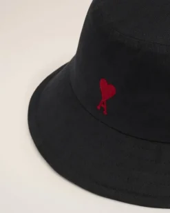 Ami Paris Cotton Ami de Coeur Embroidery Bucket Hat BLACK Clearance