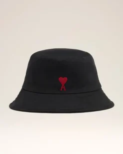 Ami Paris Cotton Ami de Coeur Embroidery Bucket Hat BLACK Clearance