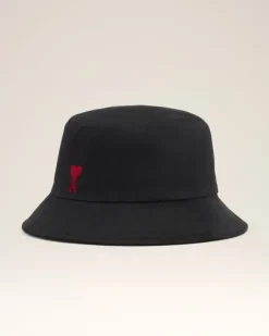 Ami Paris Cotton Ami de Coeur Embroidery Bucket Hat BLACK Clearance
