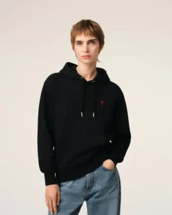 Ami Paris Cotton Ami de Coeur Hoodie BLACK Outlet