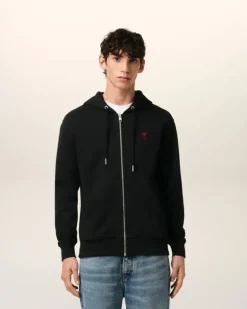 Ami Paris Cotton Ami de Coeur Zipped Hoodie BLACK New