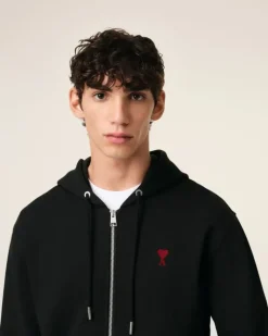 Ami Paris Cotton Ami de Coeur Zipped Hoodie BLACK New