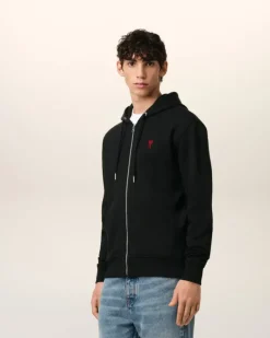 Ami Paris Cotton Ami de Coeur Zipped Hoodie BLACK New