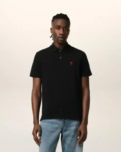 Ami Paris Cotton Ami de Coeur Polo Shirt BLACK Flash Sale