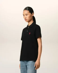 Ami Paris Cotton Ami de Coeur Polo Shirt BLACK Flash Sale