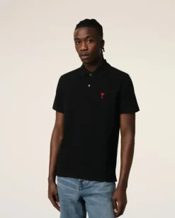 Ami Paris Cotton Ami de Coeur Polo Shirt BLACK Flash Sale