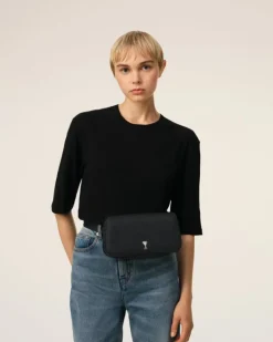 Ami Paris Black Leather Crossbody Paris Paris Bag BLACK/VIBRATED SILVER Online
