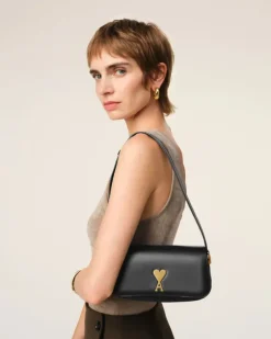 Ami Paris Leather Shoulder Bag Paris Paris Bag BLACK Fashion