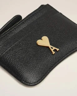 Ami Paris Black Leather Zipped Card Holder BLACK/VIBRATED BRASS Online