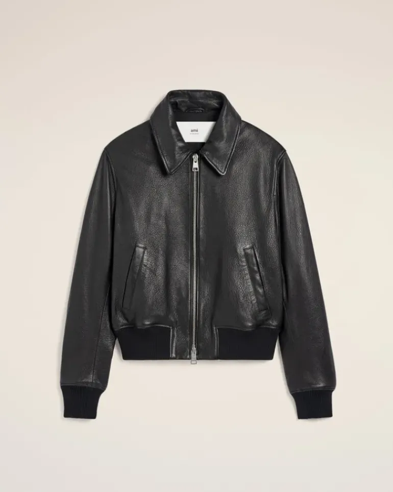 Ami Paris Leather Zipped Jacket BLACK Best Sale