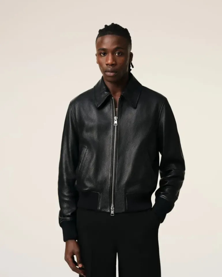 Ami Paris Leather Zipped Jacket BLACK Best Sale