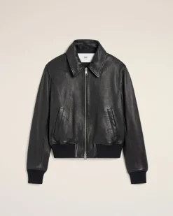 Ami Paris Leather Zipped Jacket BLACK Best Sale