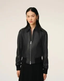Ami Paris Leather Zipped Jacket BLACK Best Sale