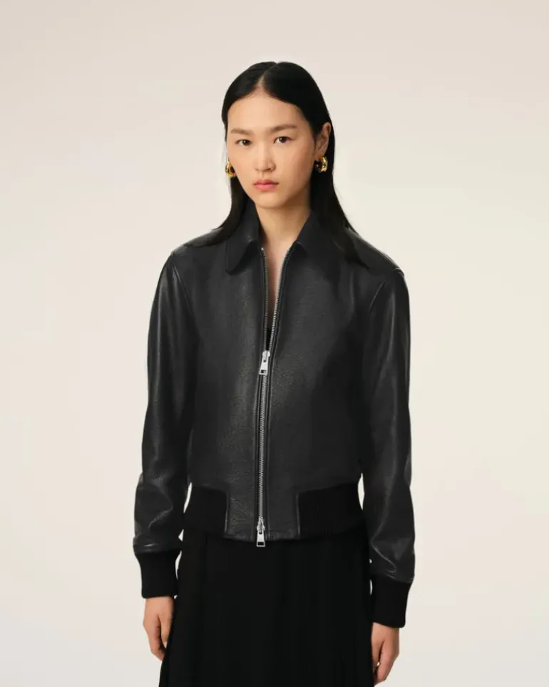 Ami Paris Leather Zipped Jacket BLACK Best Sale