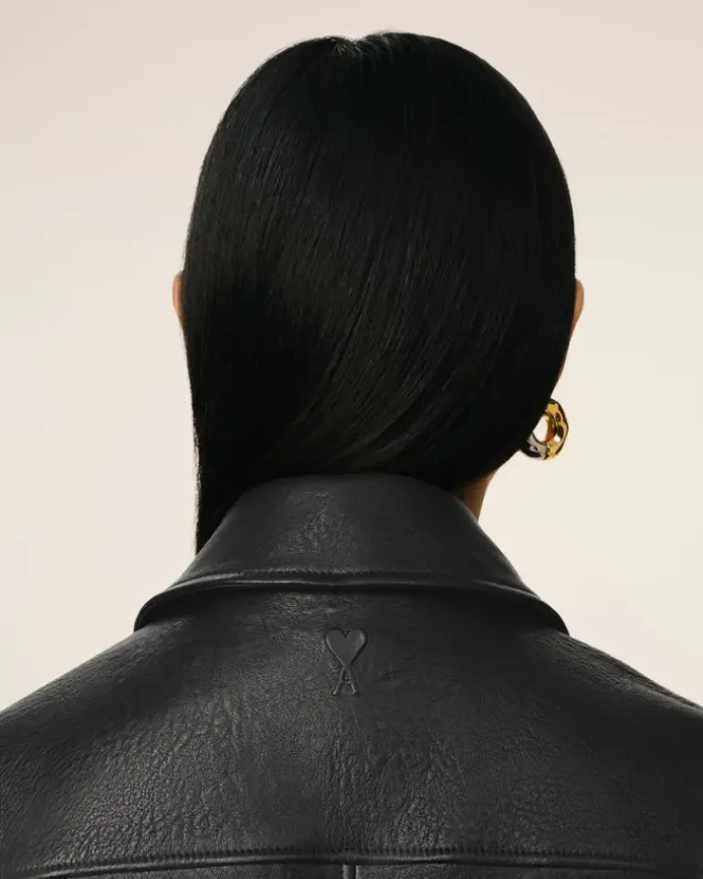 Ami Paris Leather Zipped Jacket BLACK Best Sale