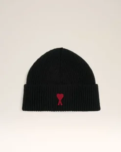 Ami Paris Black Wool Ami de Coeur Beanie BLACK/RED Online
