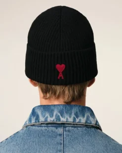 Ami Paris Black Wool Ami de Coeur Beanie BLACK/RED Online
