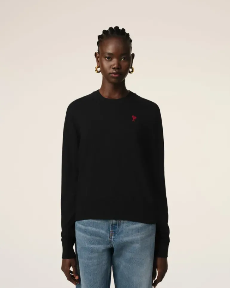 Ami Paris Wool Ami de Coeur Crew Neck Sweater BLACK Hot
