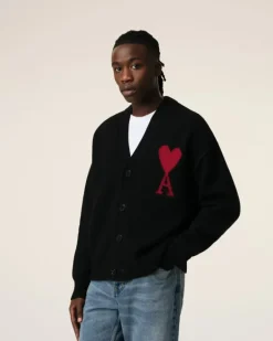 Ami Paris Black Wool Ami de Coeur Cardigan BLACK/RED Best Sale