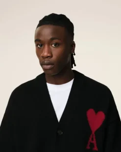 Ami Paris Black Wool Ami de Coeur Cardigan BLACK/RED Best Sale