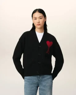 Ami Paris Black Wool Ami de Coeur Cardigan BLACK/RED Best Sale