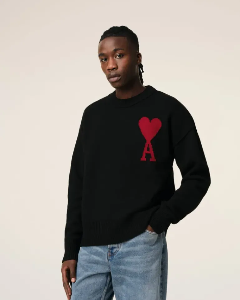 Ami Paris Black Wool Ami de Coeur Sweater BLACK/RED Cheap