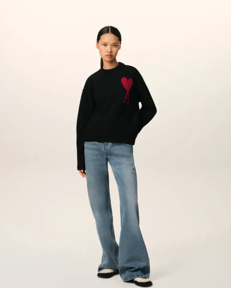 Ami Paris Black Wool Ami de Coeur Sweater BLACK/RED Cheap