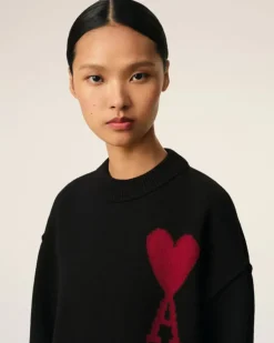 Ami Paris Black Wool Ami de Coeur Sweater BLACK/RED Cheap