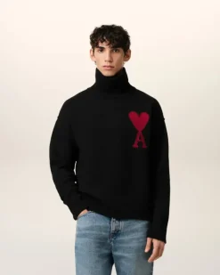 Ami Paris Black Wool Ami de Coeur Sweater BLACK/RED Cheap