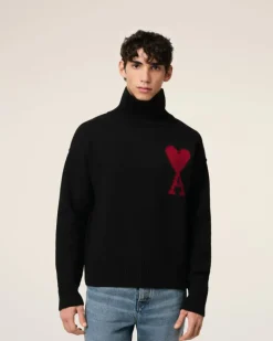 Ami Paris Black Wool Ami de Coeur Sweater BLACK/RED Cheap