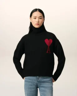 Ami Paris Black Wool Ami de Coeur Sweater BLACK/RED Cheap