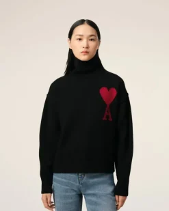 Ami Paris Black Wool Ami de Coeur Sweater BLACK/RED Cheap