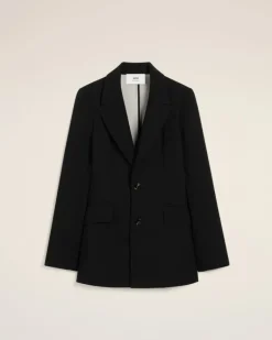 Ami Paris Black Wool Two Buttons Fitted Jacket BLACK/WHITE CREAM Online