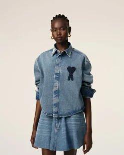 Ami Paris Blue Cotton Ami de Coeur Cropped Shirt USED BLUE Clearance