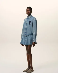 Ami Paris Blue Cotton Ami de Coeur Cropped Shirt USED BLUE Clearance
