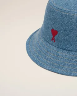 Ami Paris Blue Cotton Ami de Coeur Embroidery Bucket Hat USED BLUE Outlet