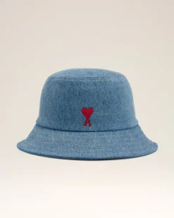 Ami Paris Blue Cotton Ami de Coeur Embroidery Bucket Hat USED BLUE Outlet