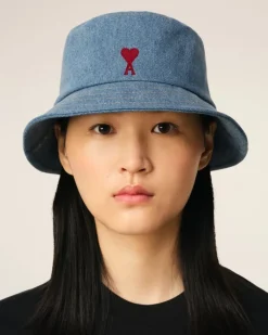 Ami Paris Blue Cotton Ami de Coeur Embroidery Bucket Hat USED BLUE Outlet